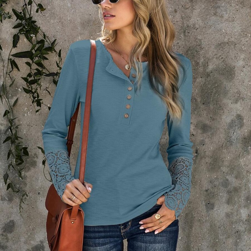 Button up lace long sleeve ribbed top black - Picture 3 of 12